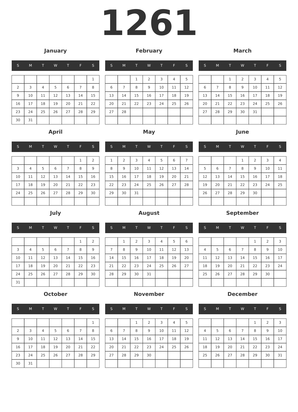 Printable 1261 Year Calendars dark