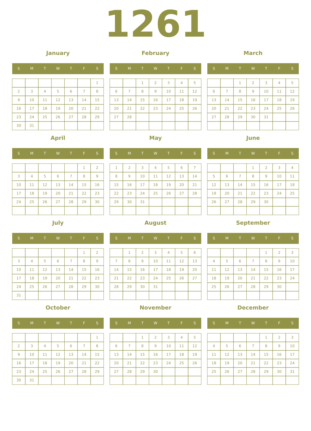 Printable 1261 Year Calendars eburnean