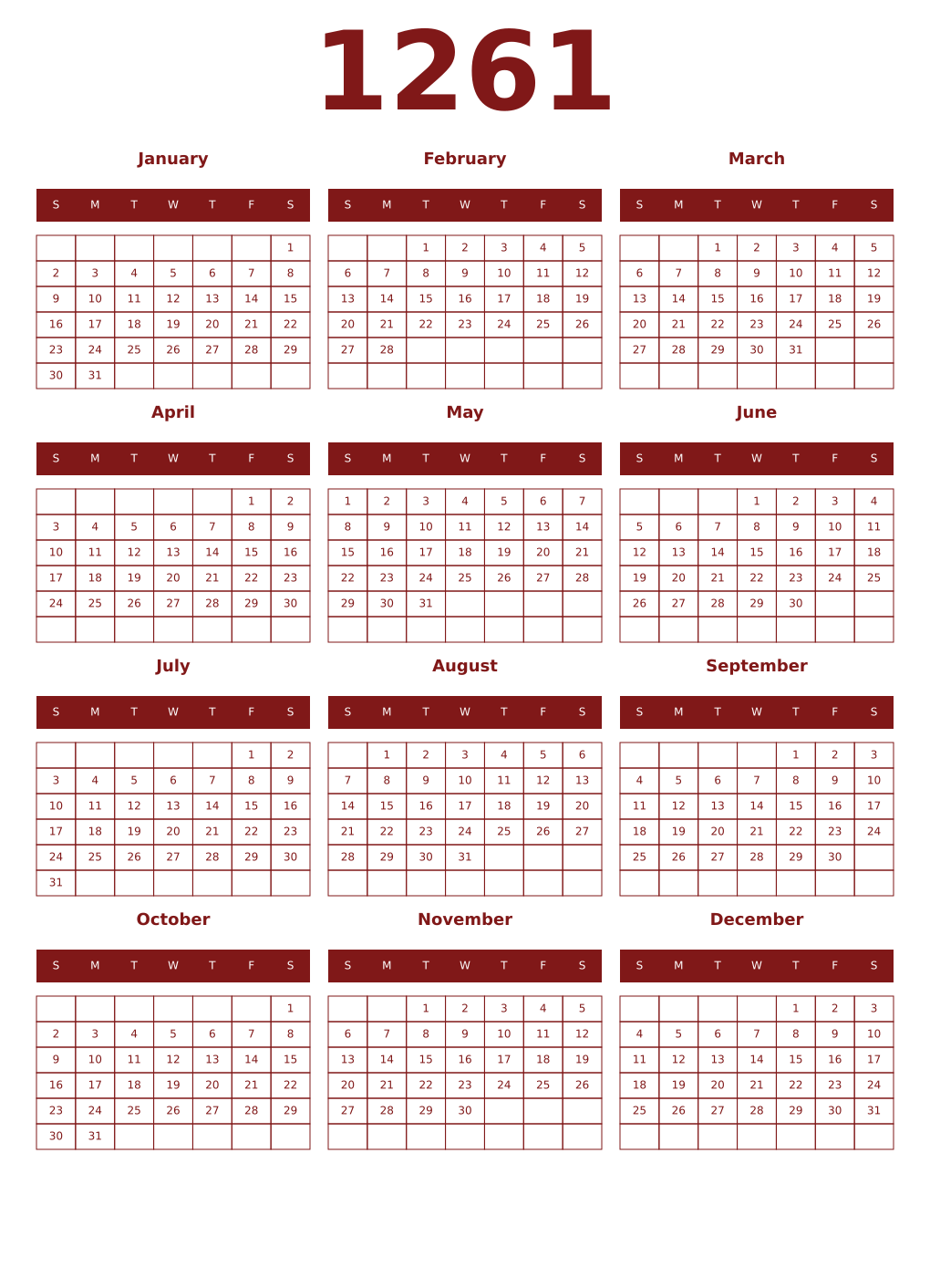 Printable 1261 Year Calendars falu