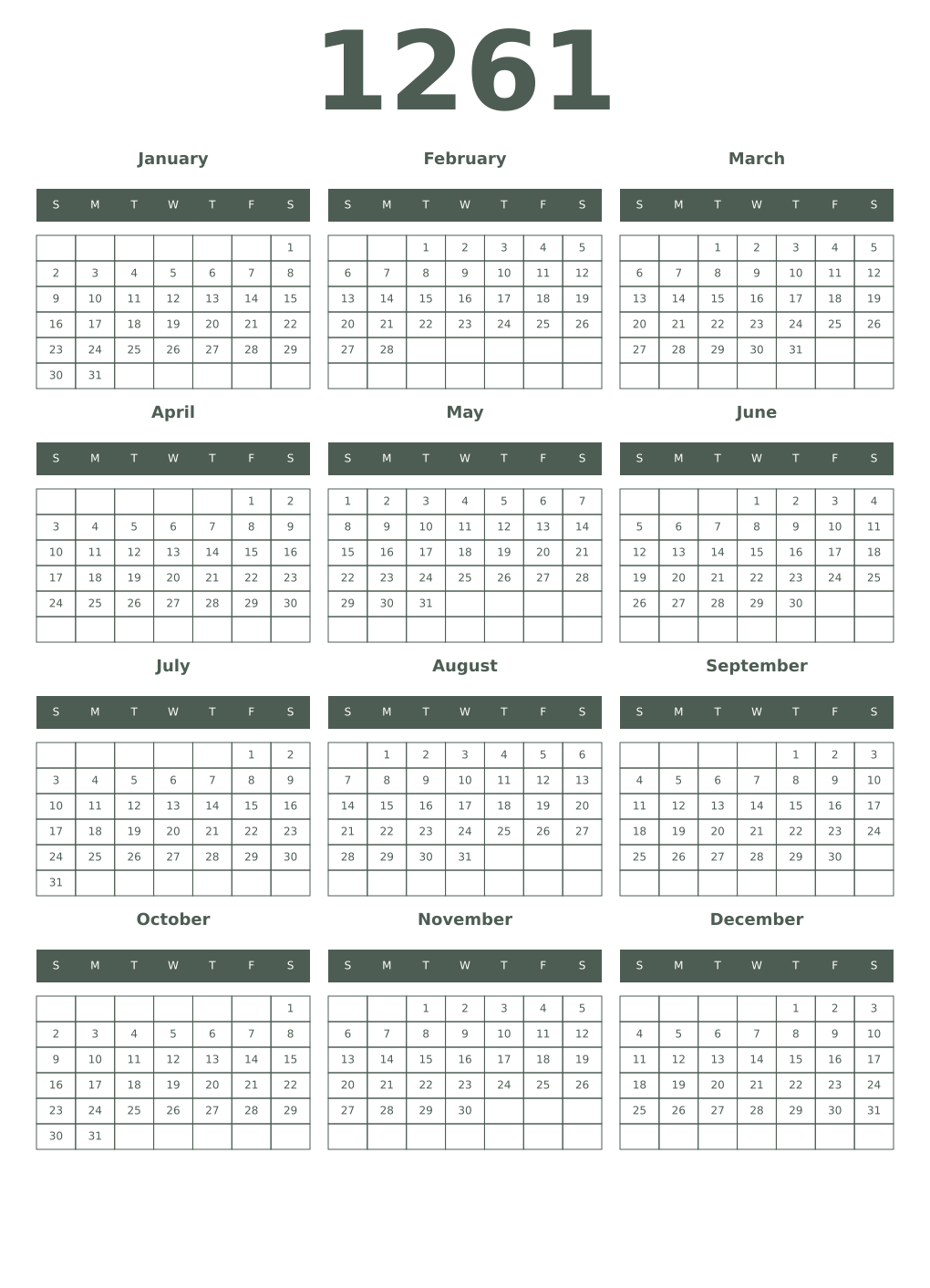 Printable 1261 Year Calendars feldgrau