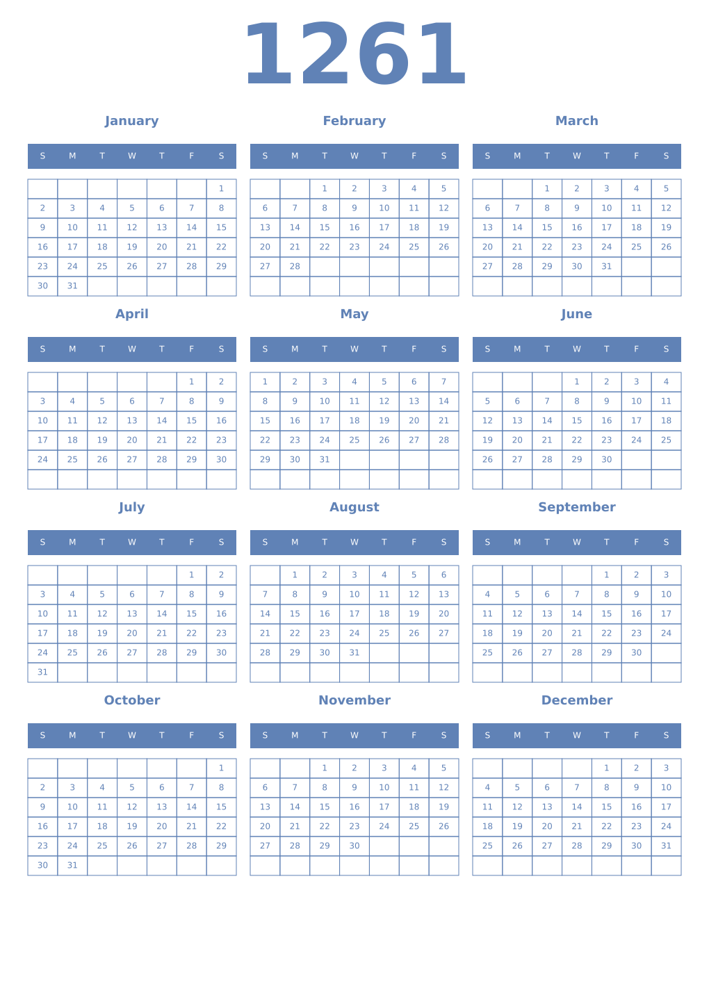 Printable 1261 Year Calendars glaucous