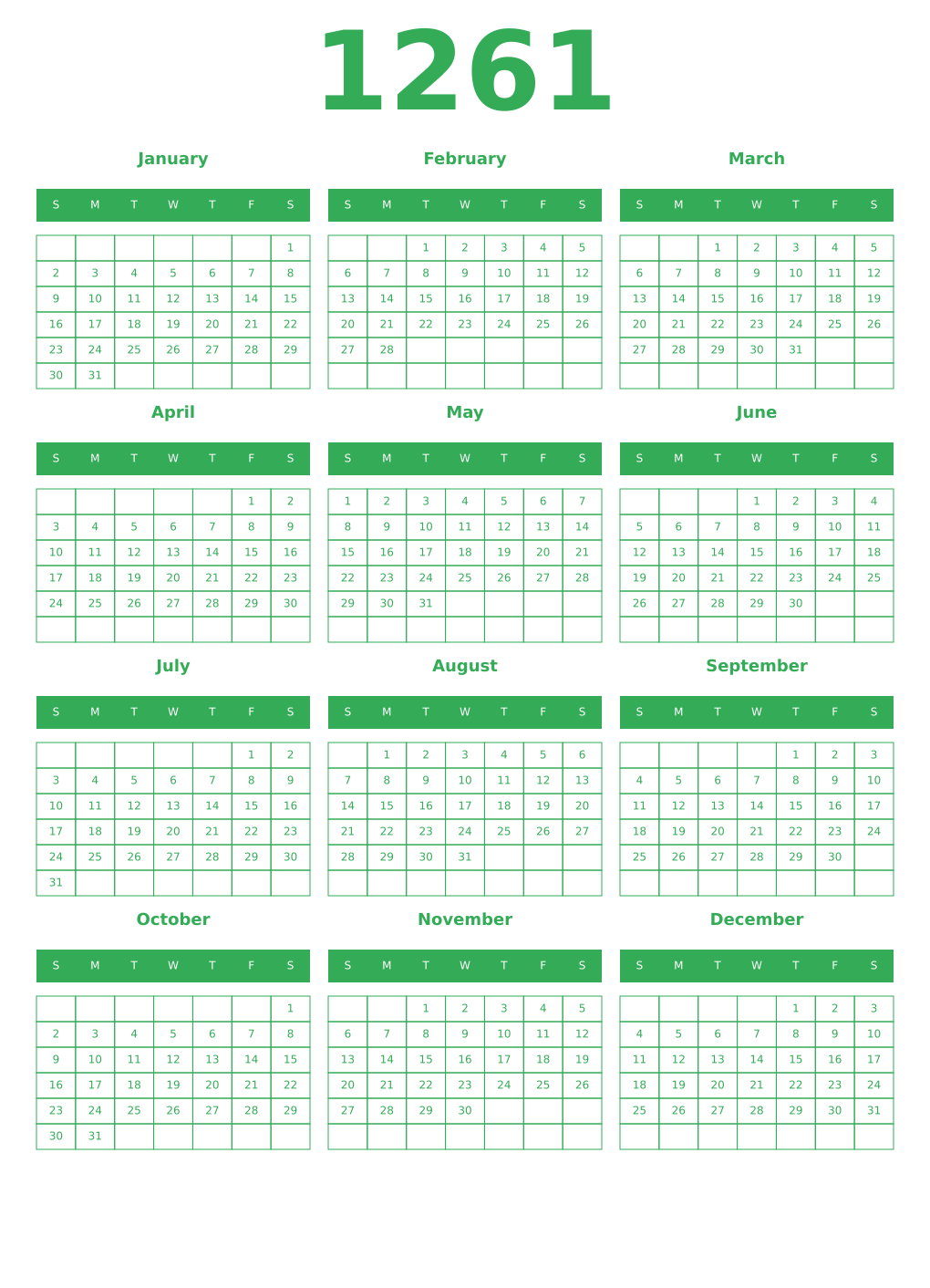 Printable 1261 Year Calendars green