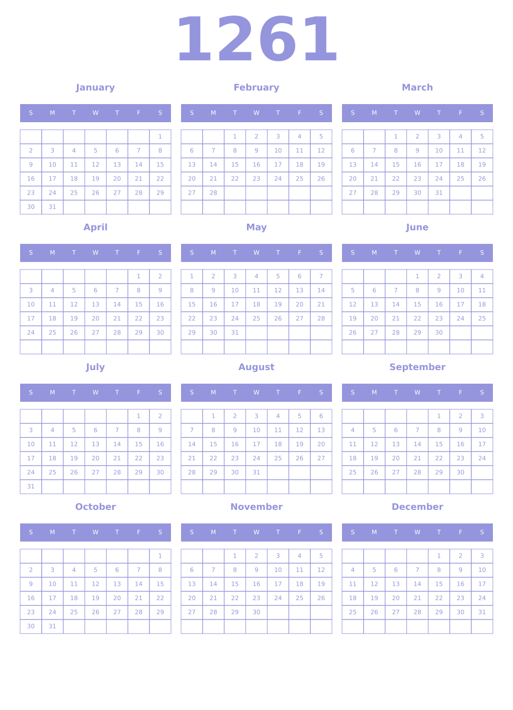 Printable 1261 Year Calendars periwinkle
