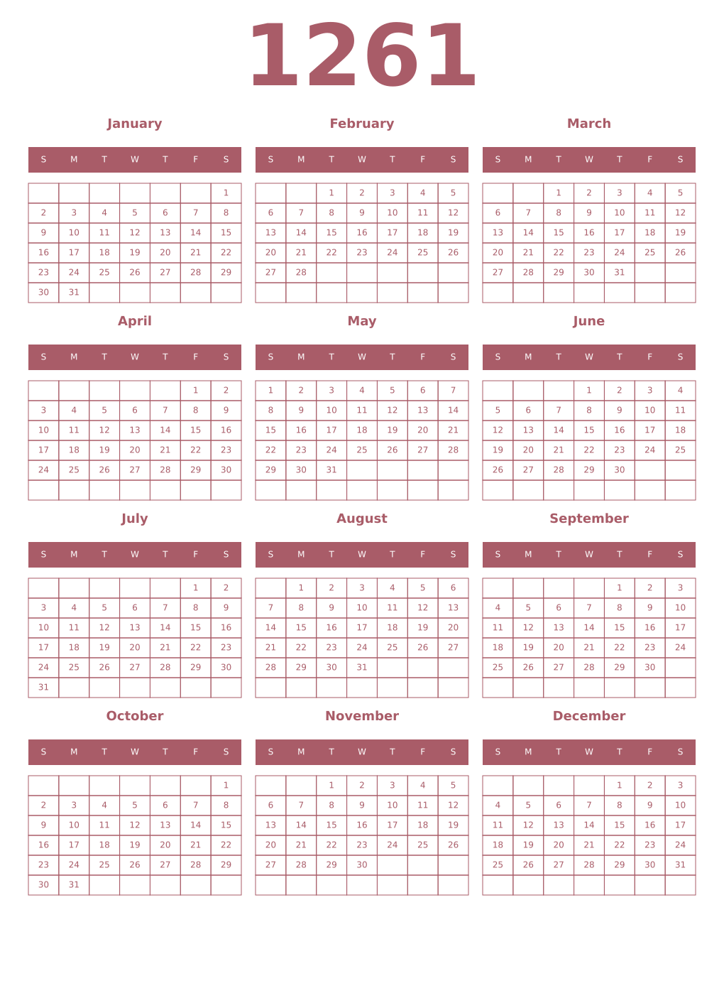 Printable 1261 Year Calendars puce