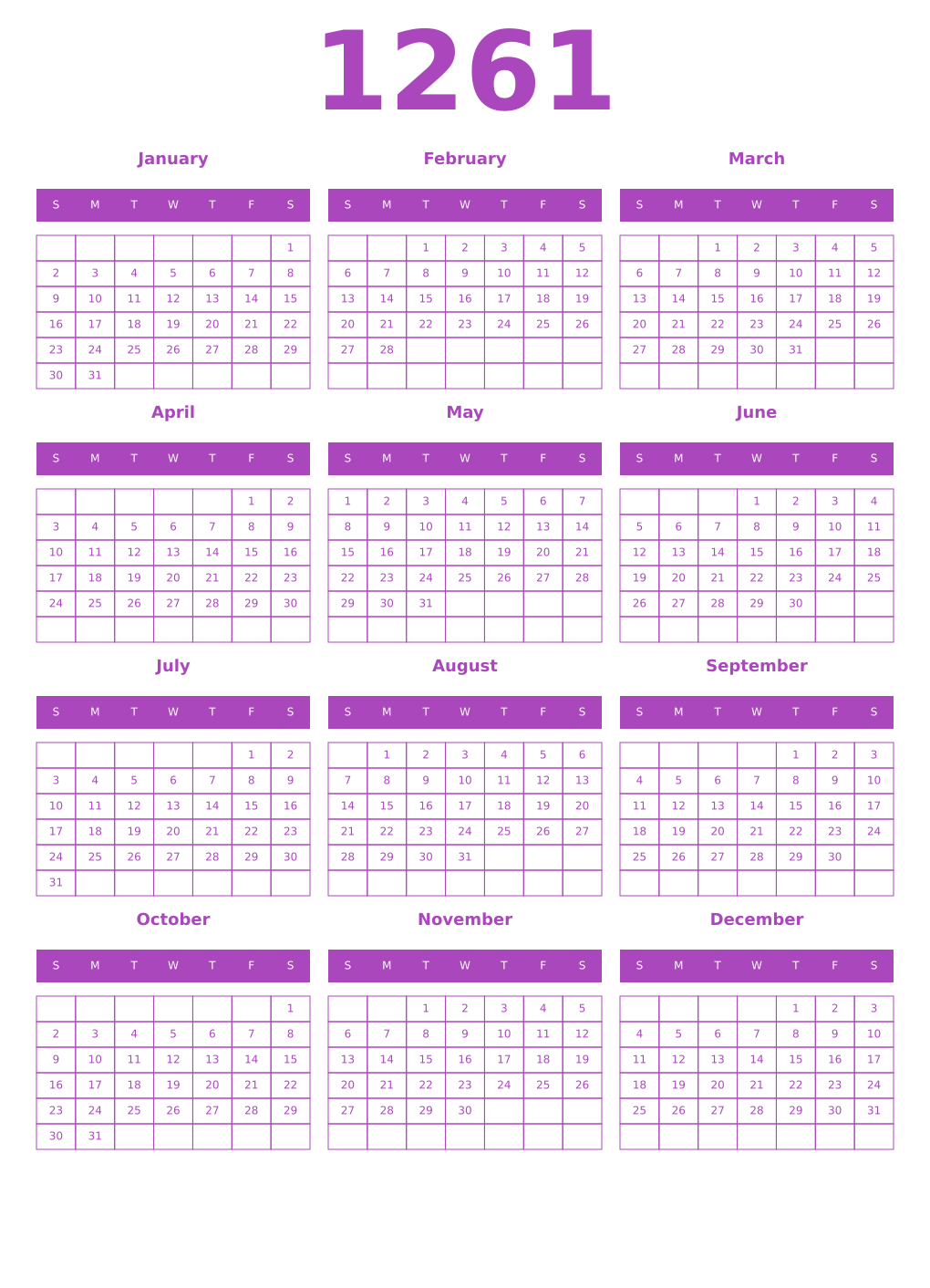 Printable 1261 Year Calendars purple