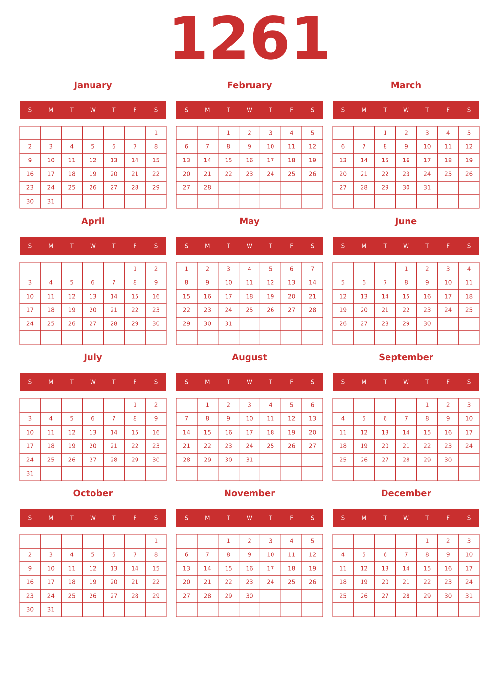 Printable 1261 Year Calendars red