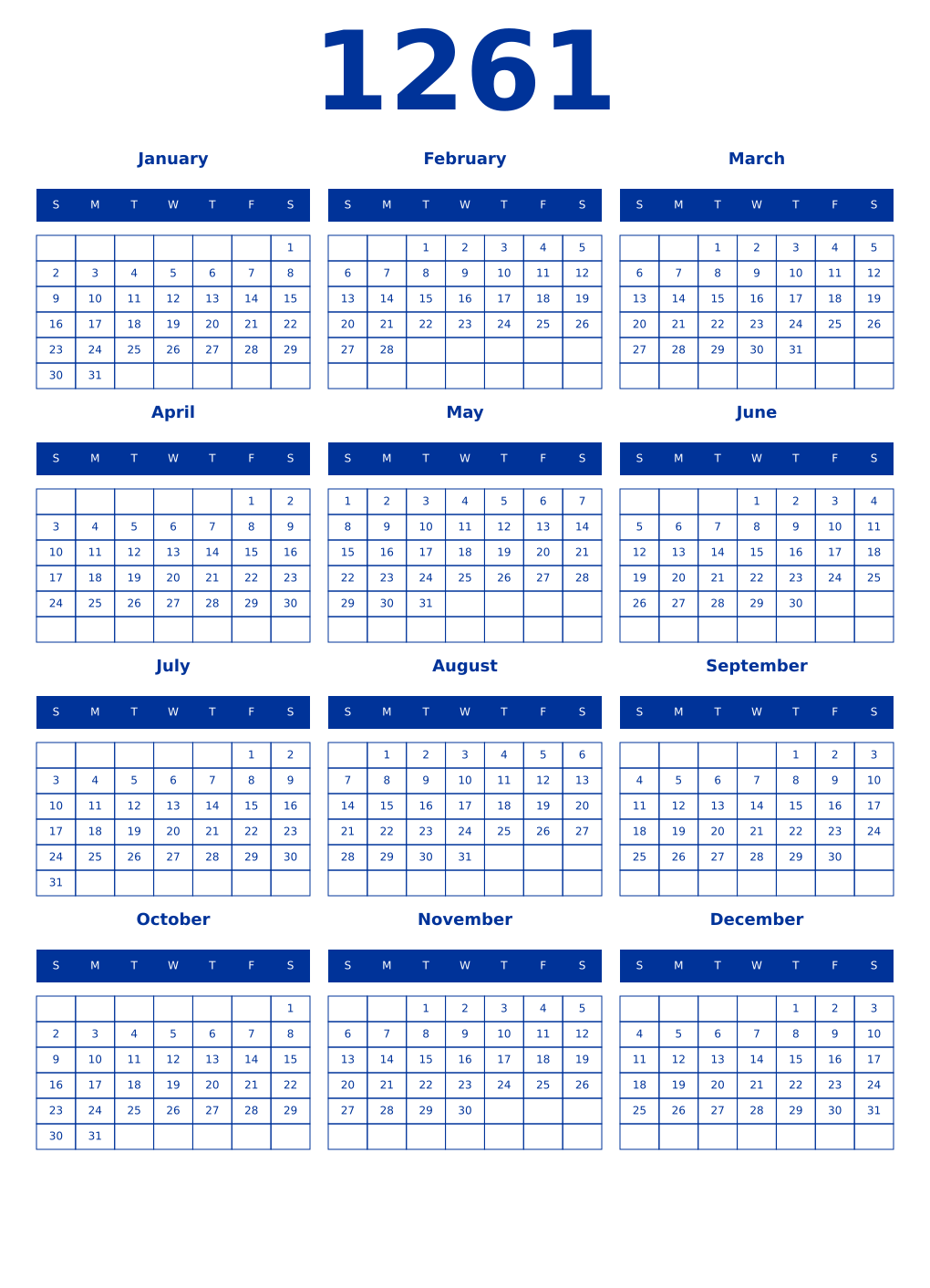 Printable 1261 Year Calendars smalt