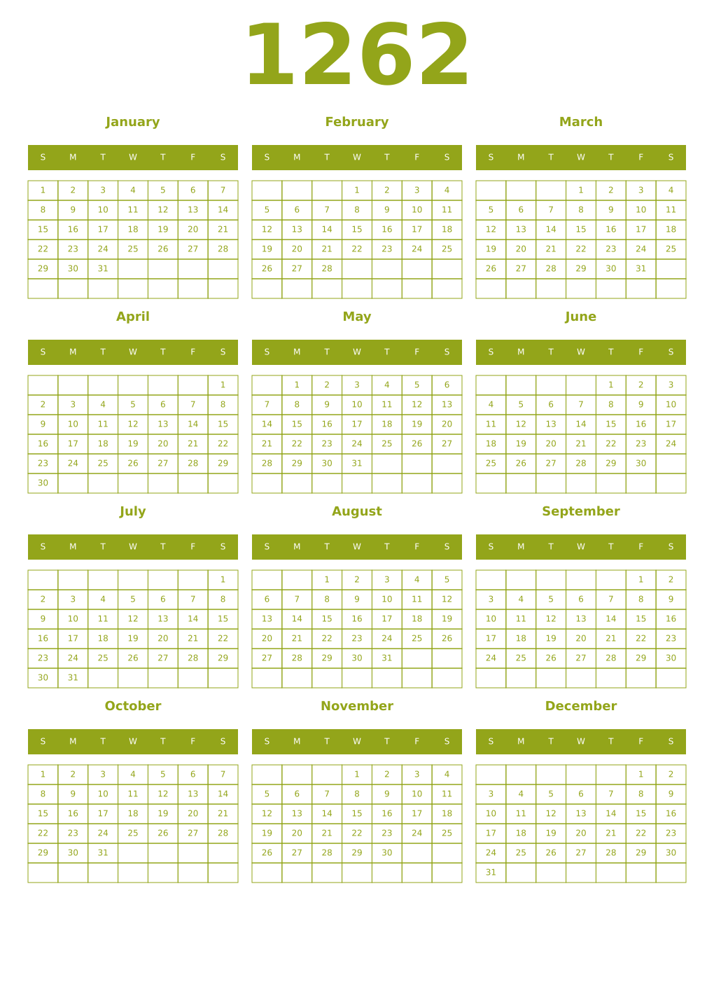 Printable 1262 Year Calendars chartreuse