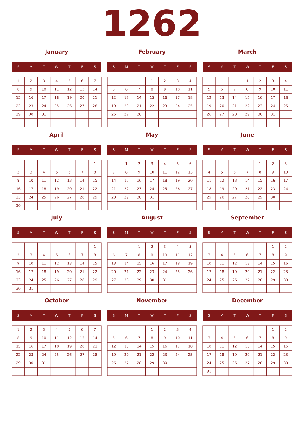Printable 1262 Year Calendars falu