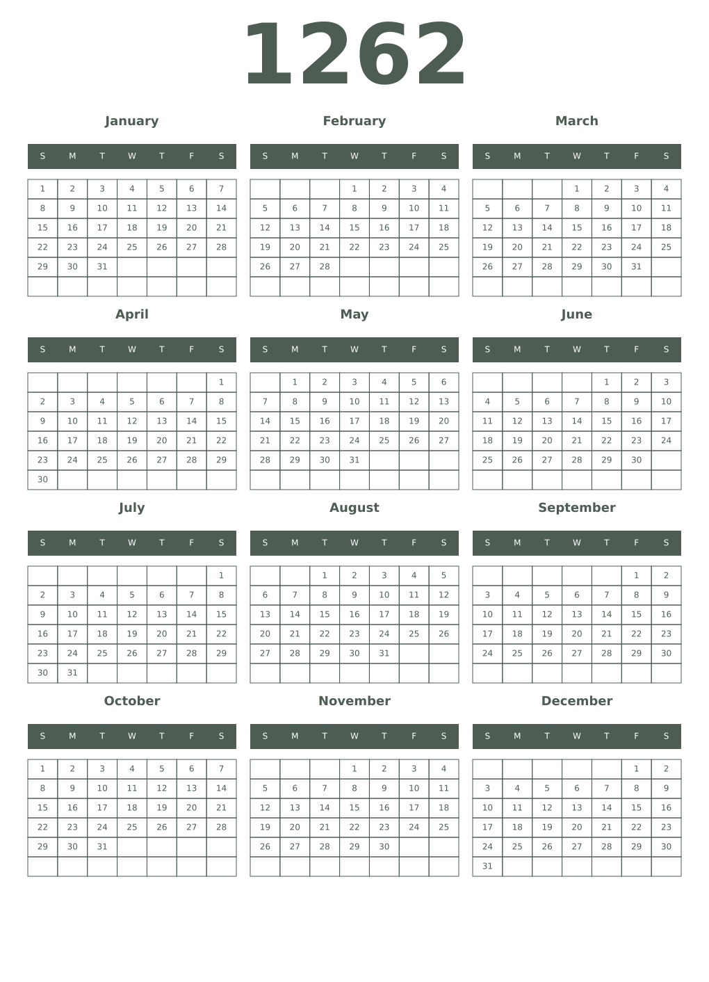 Printable 1262 Year Calendars feldgrau