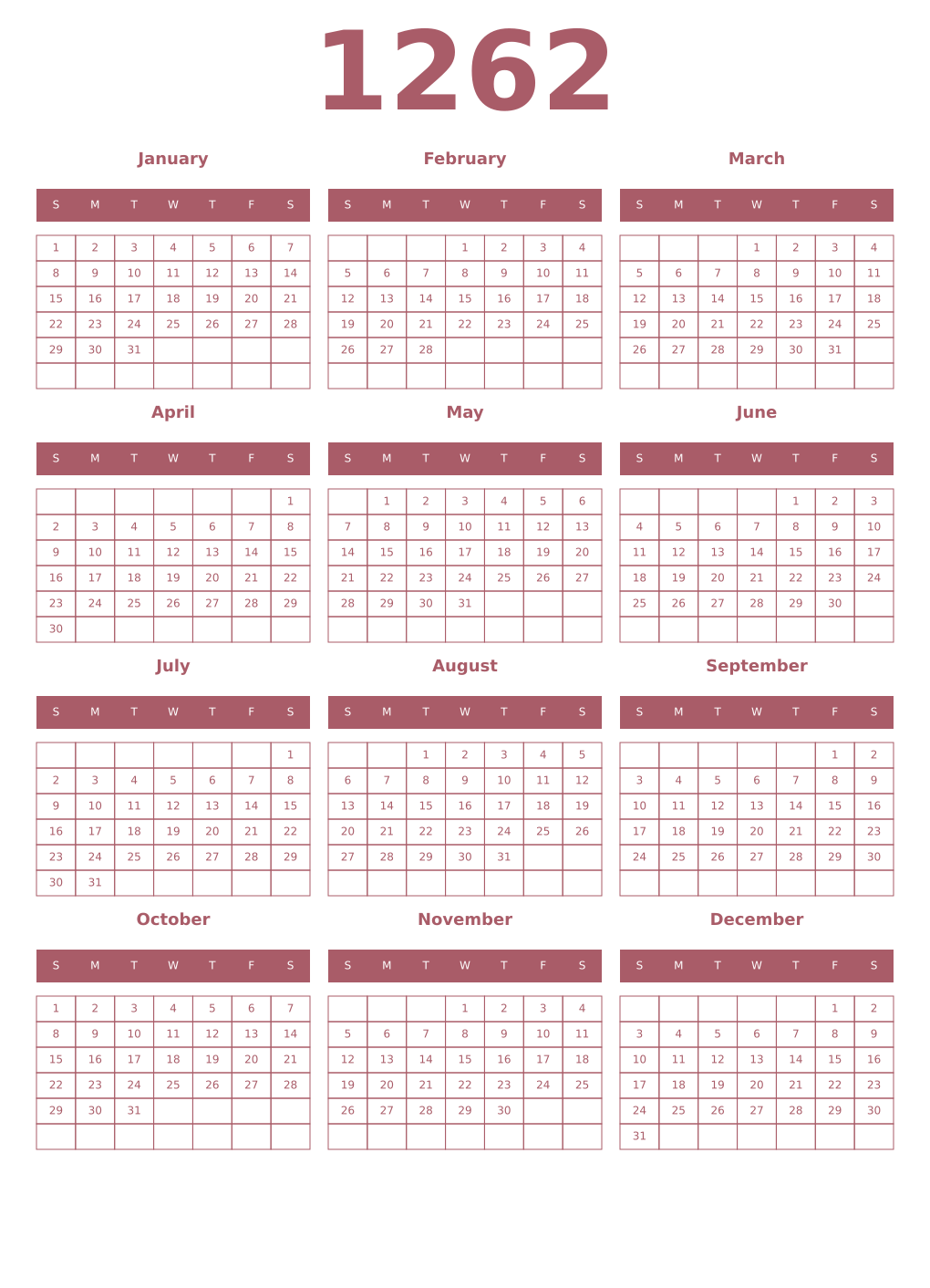 Printable 1262 Year Calendars puce
