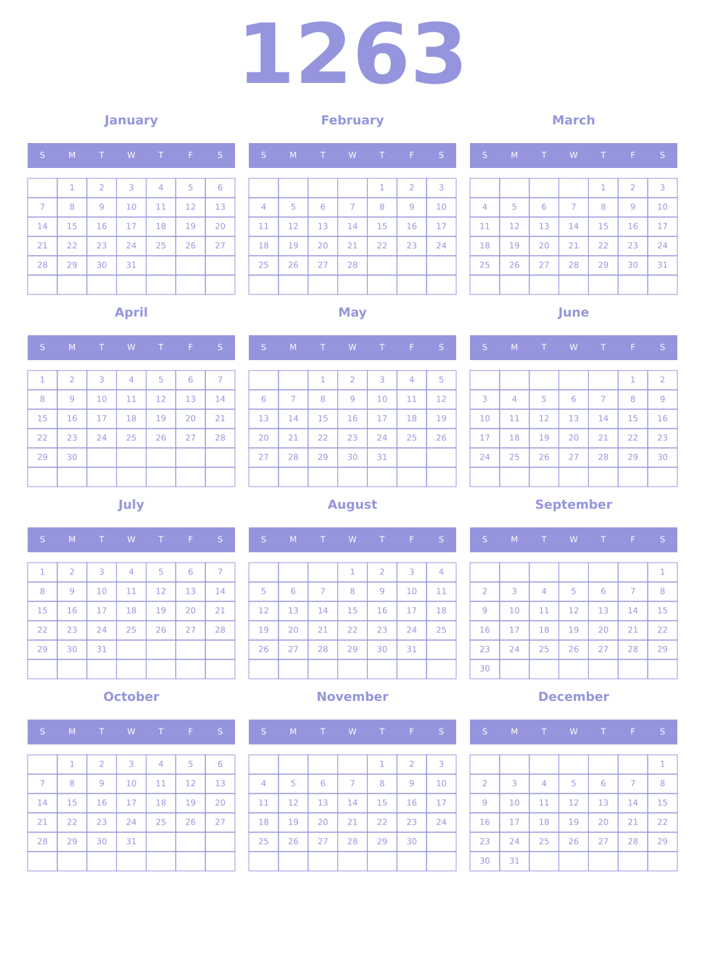 Printable 1263 Year Calendars periwinkle