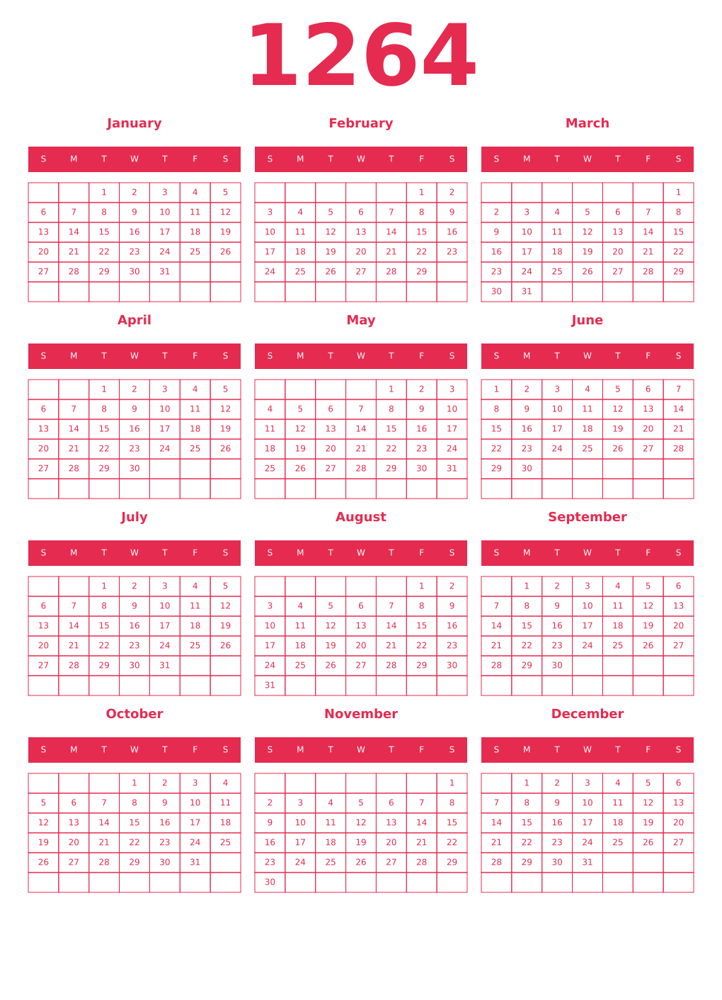 Printable 1264 Year Calendars amaranth