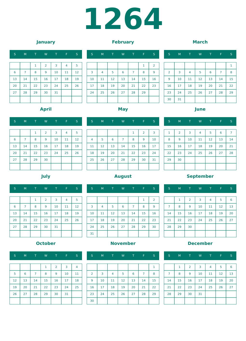 Printable 1264 Year Calendars pastel