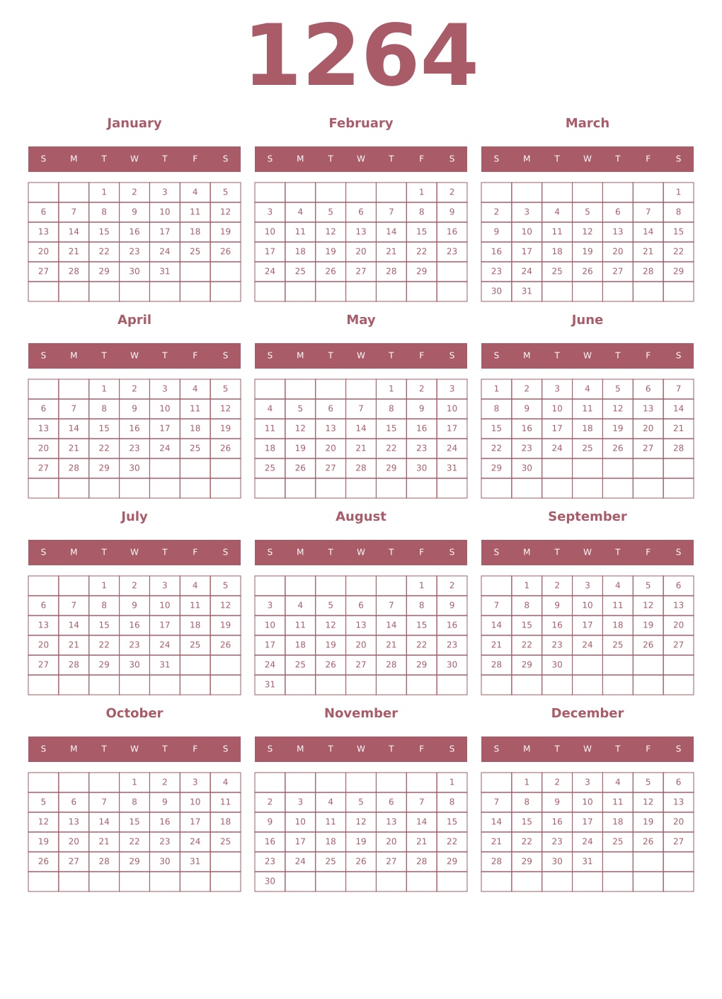 Printable 1264 Year Calendars puce