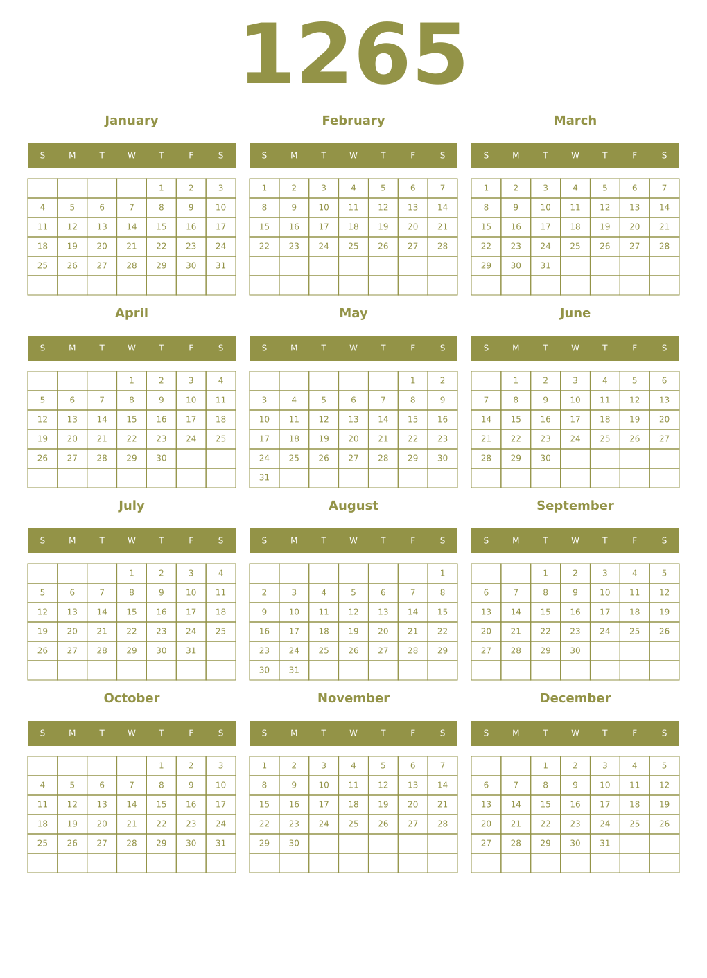 Printable 1265 Year Calendars eburnean