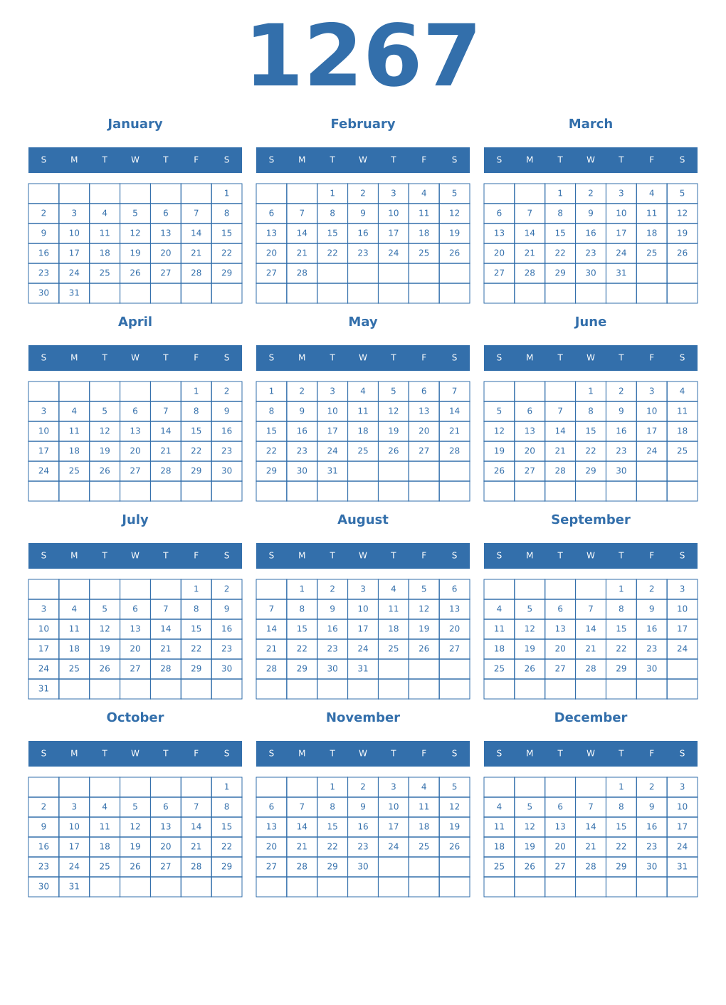 Printable 1267 Year Calendars blue