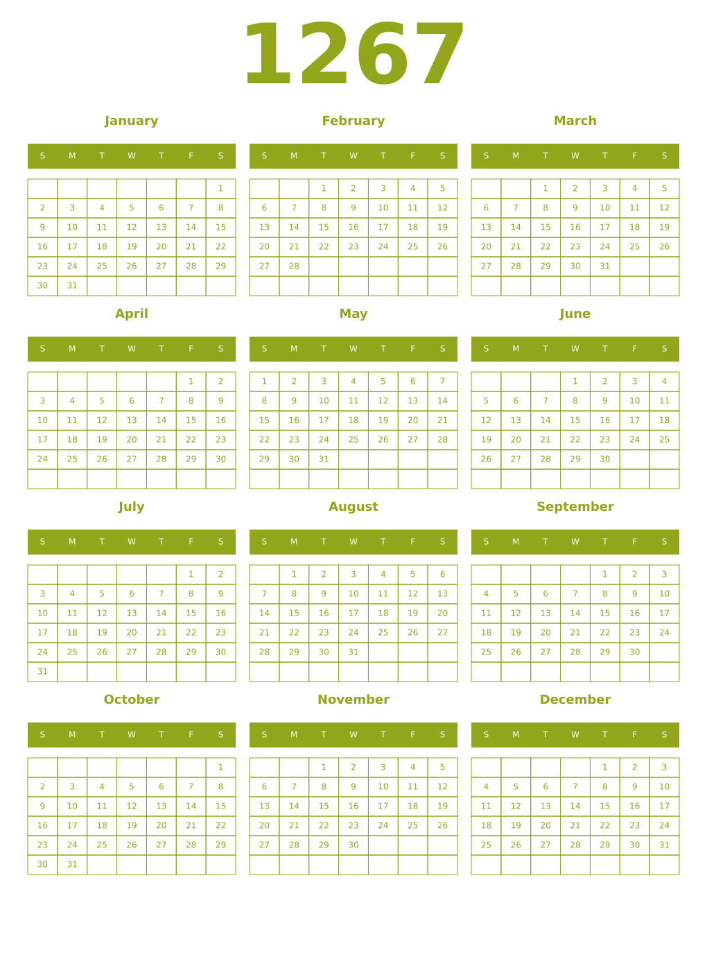 Printable 1267 Year Calendars chartreuse