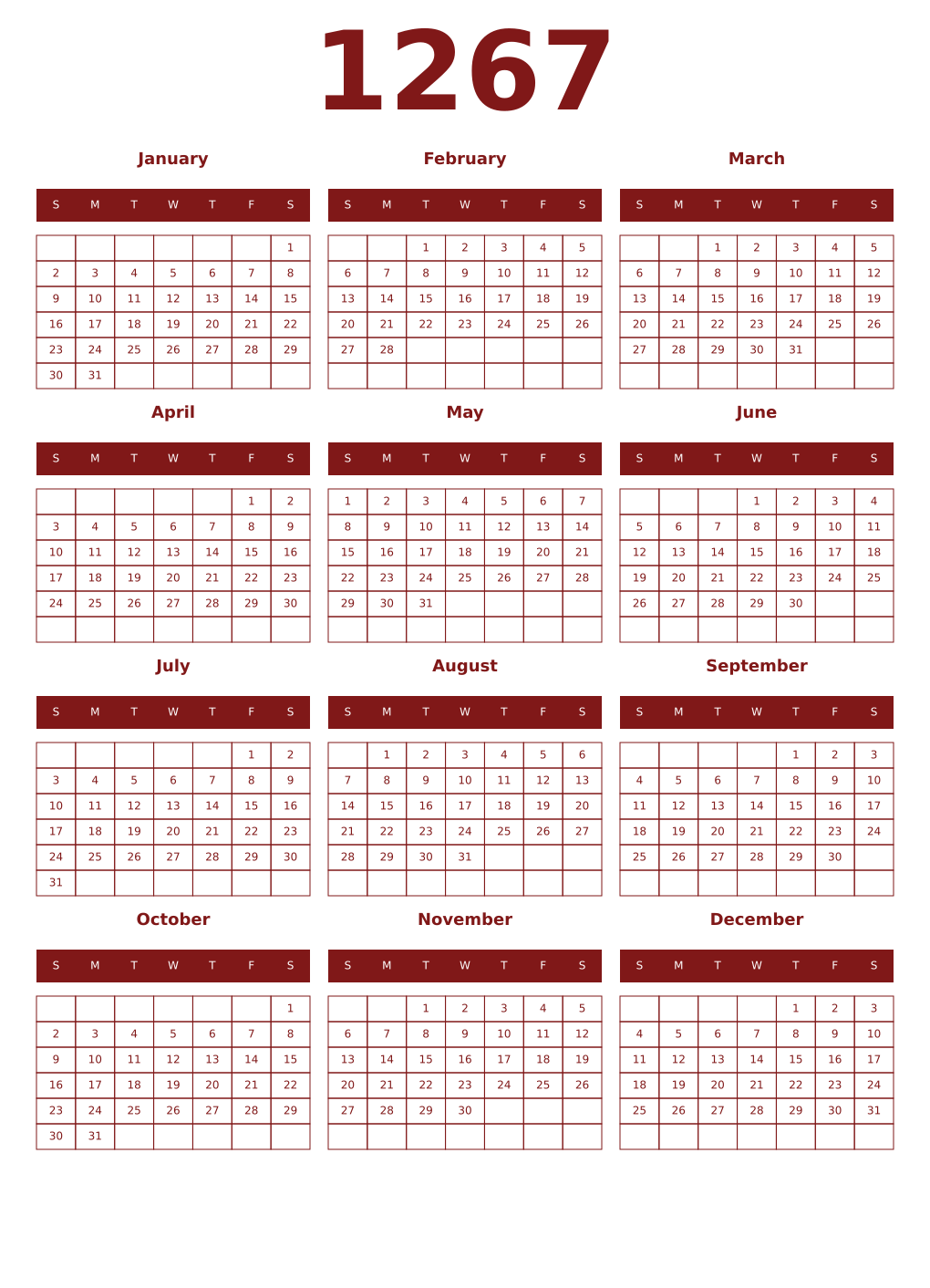 Printable 1267 Year Calendars falu