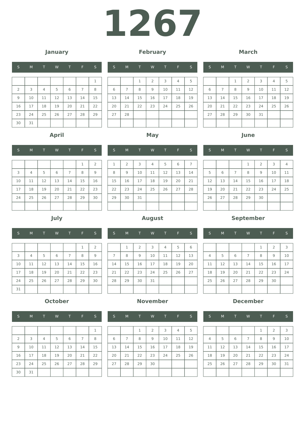 Printable 1267 Year Calendars feldgrau