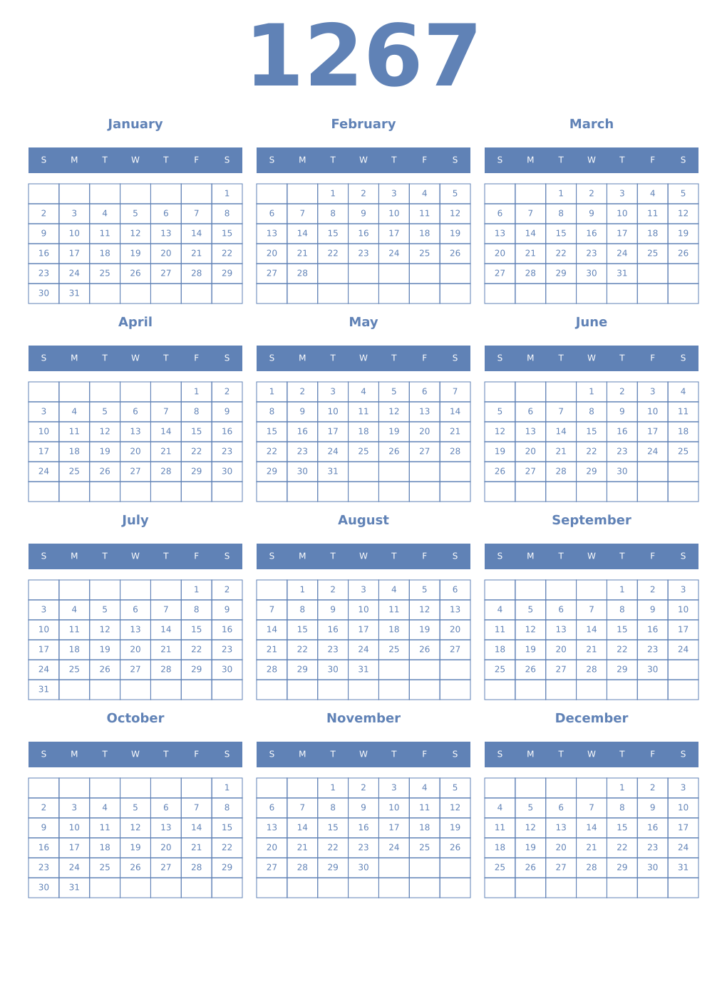 Printable 1267 Year Calendars glaucous