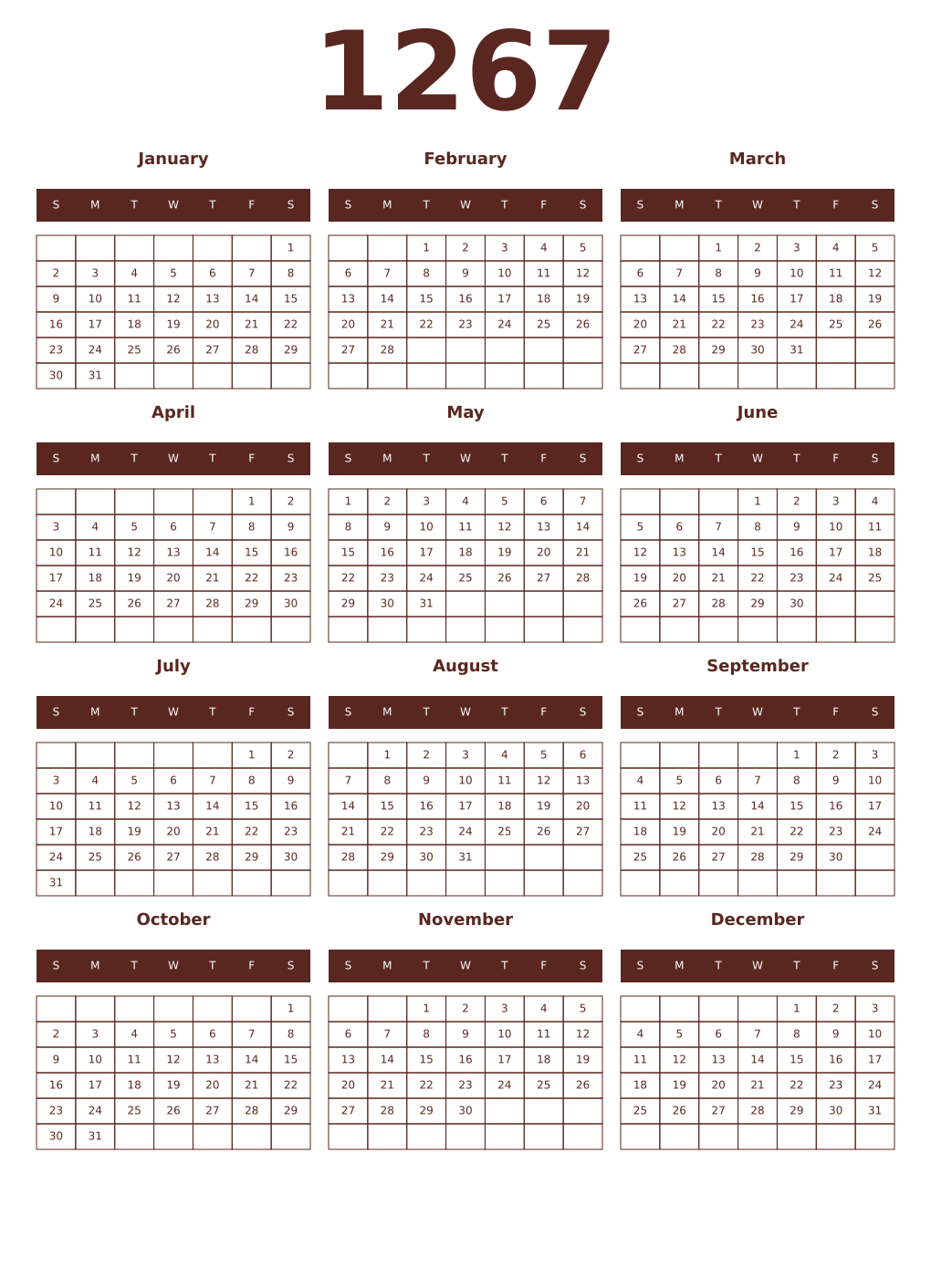 Printable 1267 Year Calendars mortuum