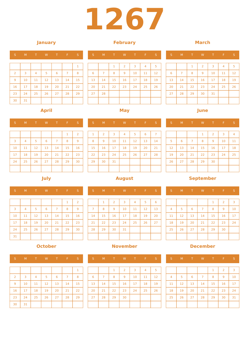 Printable 1267 Year Calendars orange