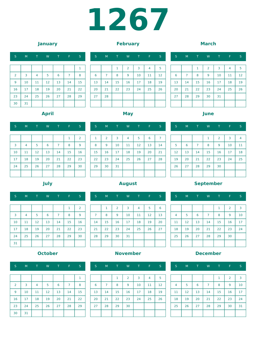 Printable 1267 Year Calendars pastel