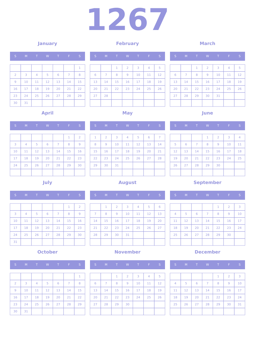 Printable 1267 Year Calendars periwinkle