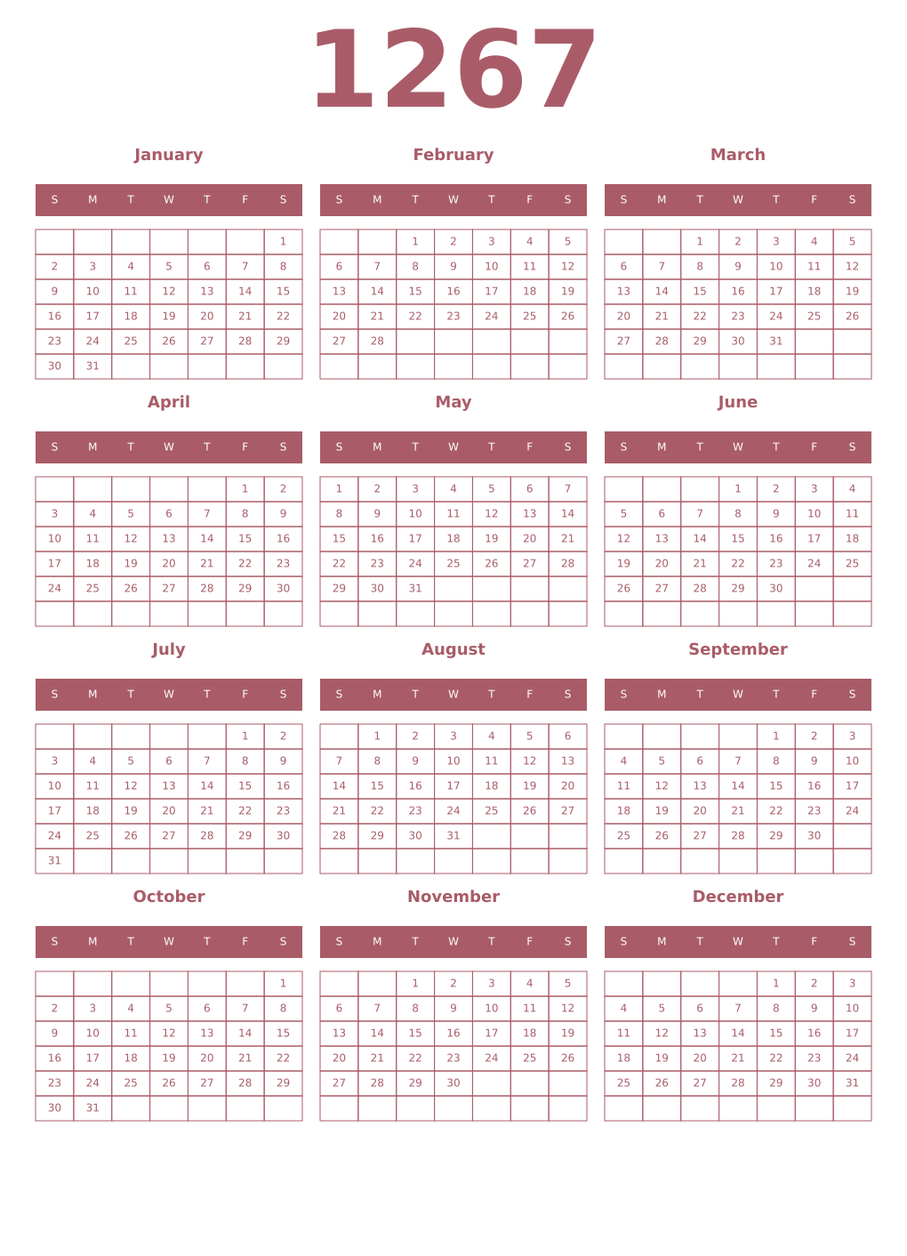 Printable 1267 Year Calendars puce