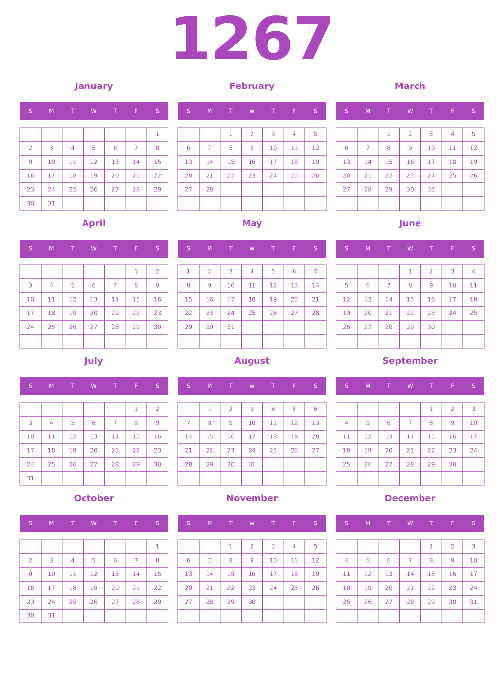 Printable 1267 Year Calendars purple
