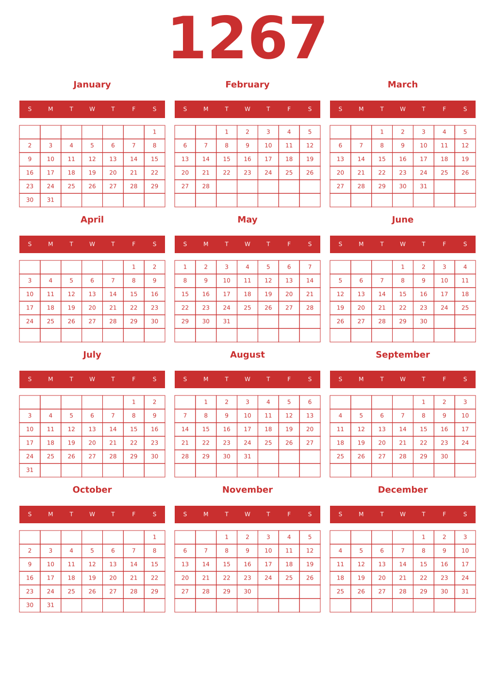 Printable 1267 Year Calendars red