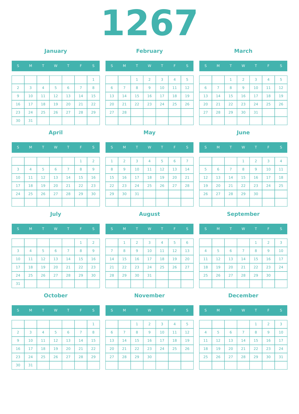 Printable 1267 Year Calendars verdigris
