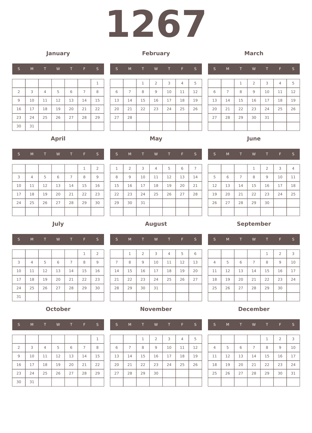 Printable 1267 Year Calendars wenge