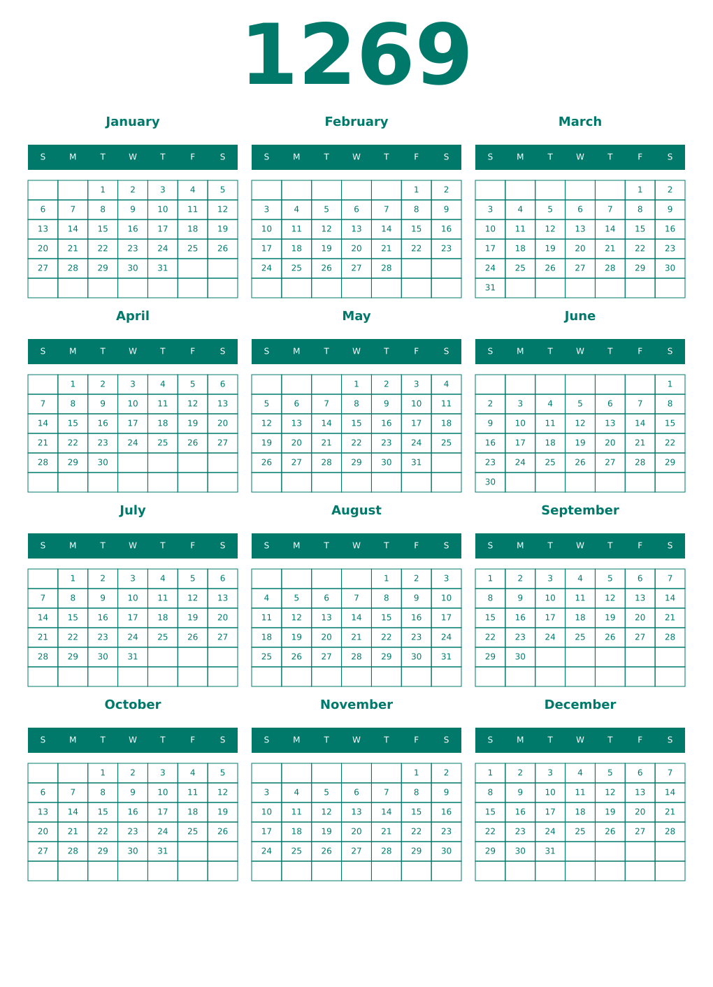 Printable 1269 Year Calendars pastel