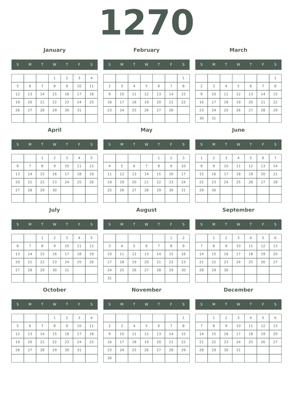 Printable 1270 Year Calendars feldgrau