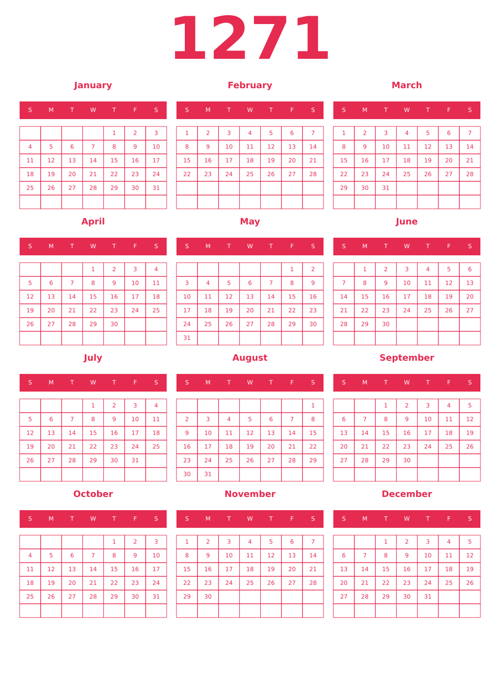 Printable 1271 Year Calendars amaranth