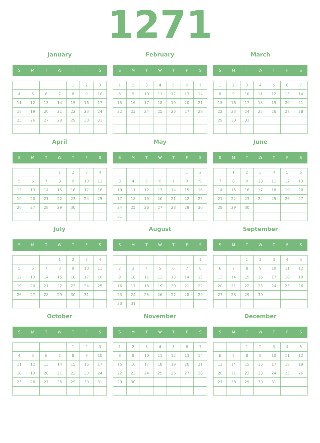 Printable 1271 Year Calendars celadon
