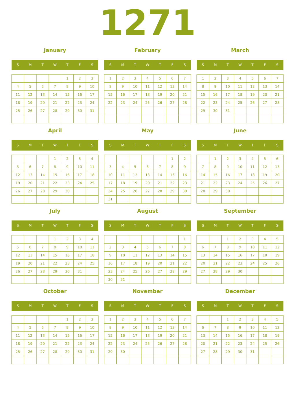 Printable 1271 Year Calendars chartreuse