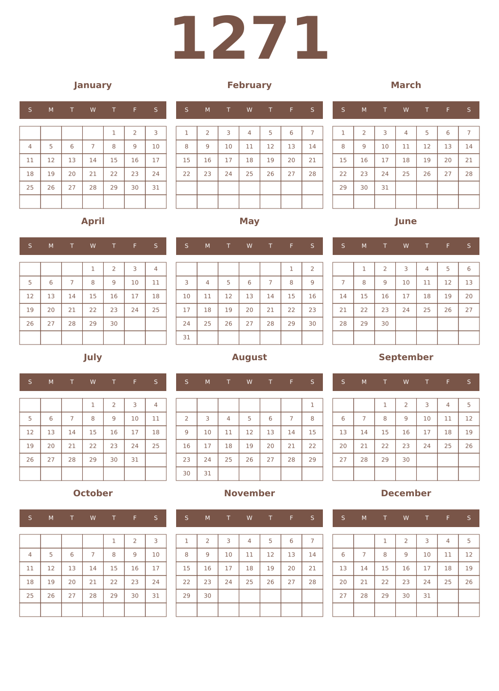 Printable 1271 Year Calendars coffe