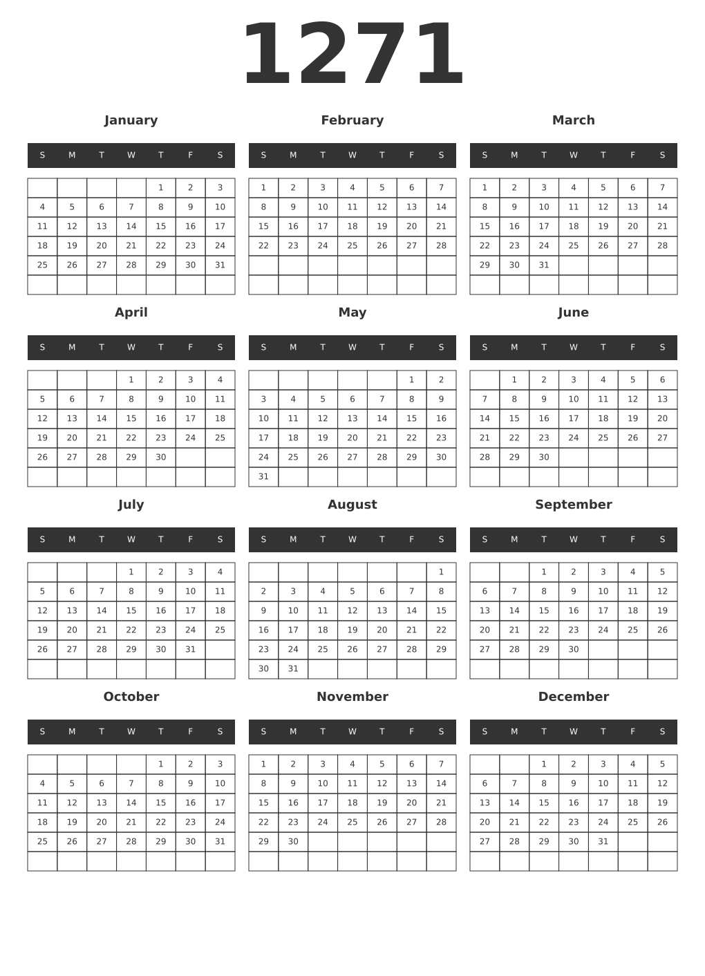 Printable 1271 Year Calendars dark