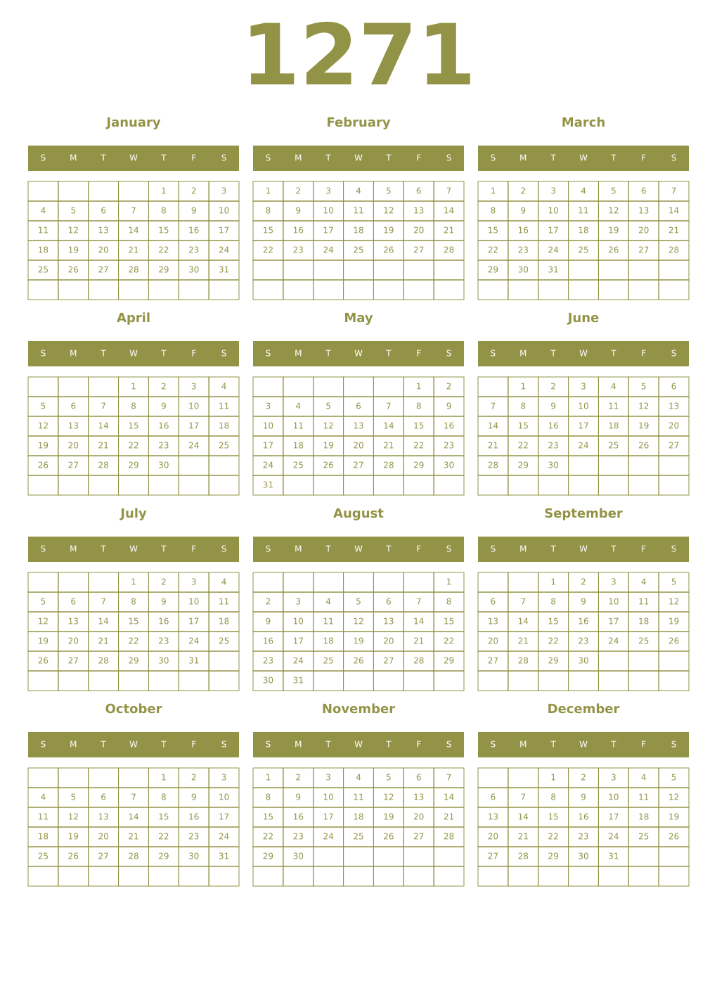 Printable 1271 Year Calendars eburnean