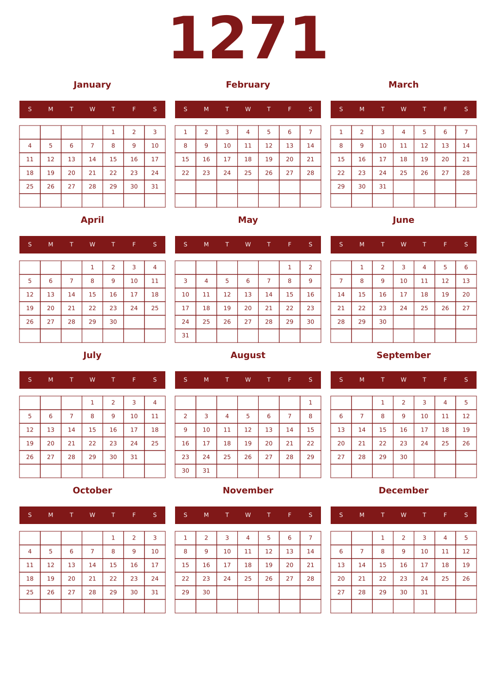 Printable 1271 Year Calendars falu
