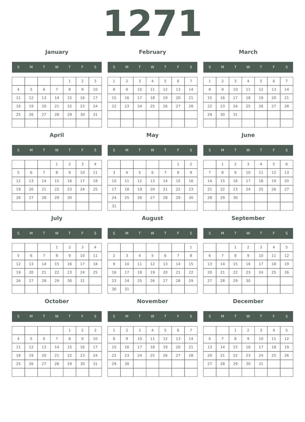 Printable 1271 Year Calendars feldgrau