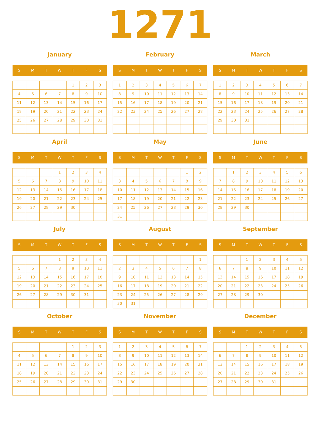 Printable 1271 Year Calendars gamboge