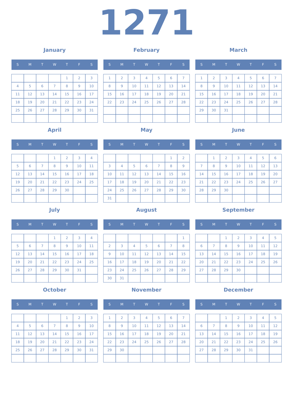 Printable 1271 Year Calendars glaucous
