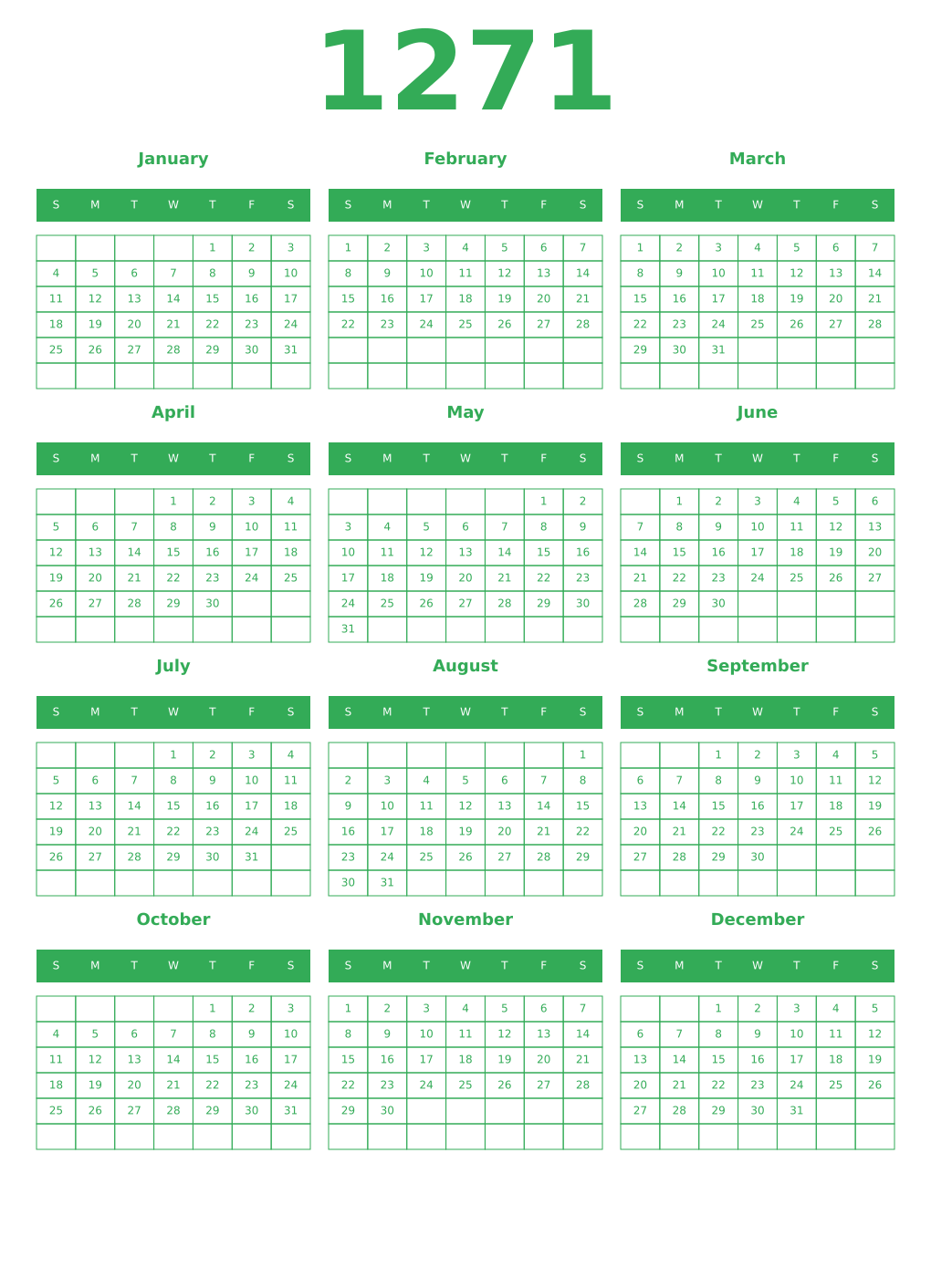 Printable 1271 Year Calendars green