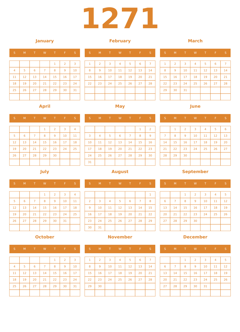 Printable 1271 Year Calendars orange
