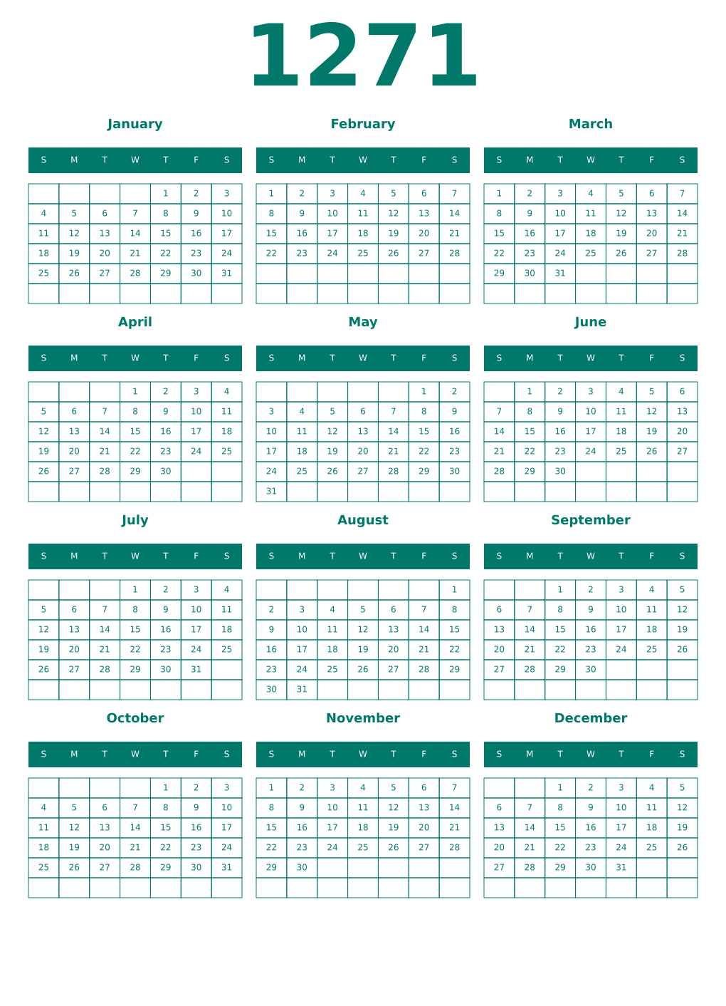 Printable 1271 Year Calendars pastel