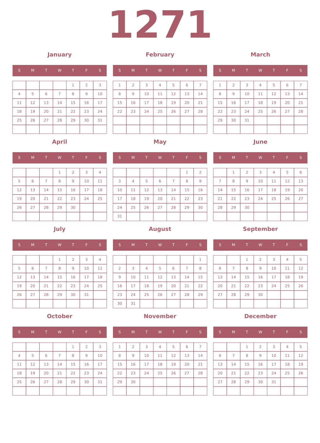 Printable 1271 Year Calendars puce